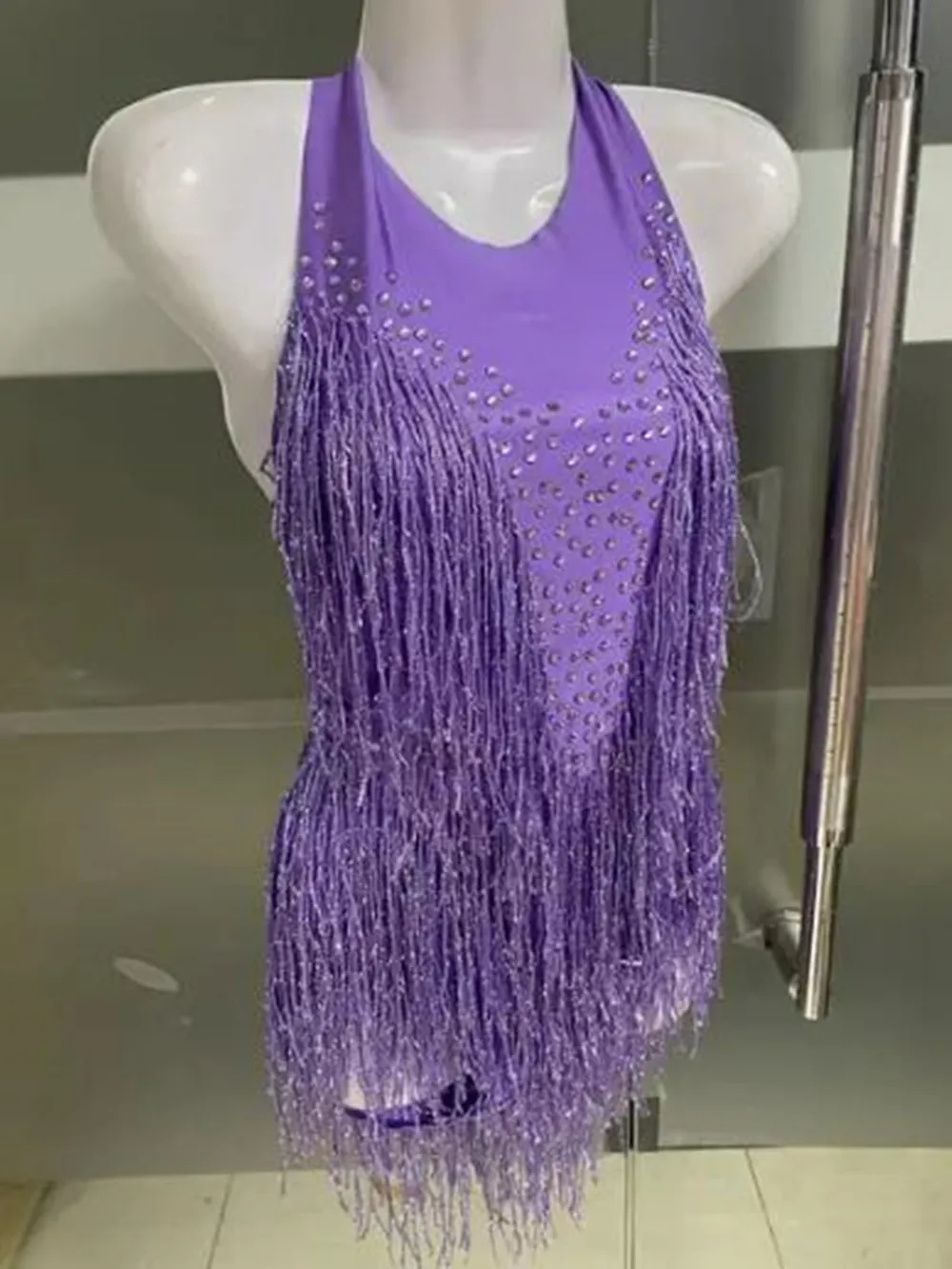 Sparkly Rhinestones Fringes Bodysuit Women Nightclub Outfit Glisten Dance Costume One-piece Dance Wear Singer Stage Leotard Rhinestones Dress