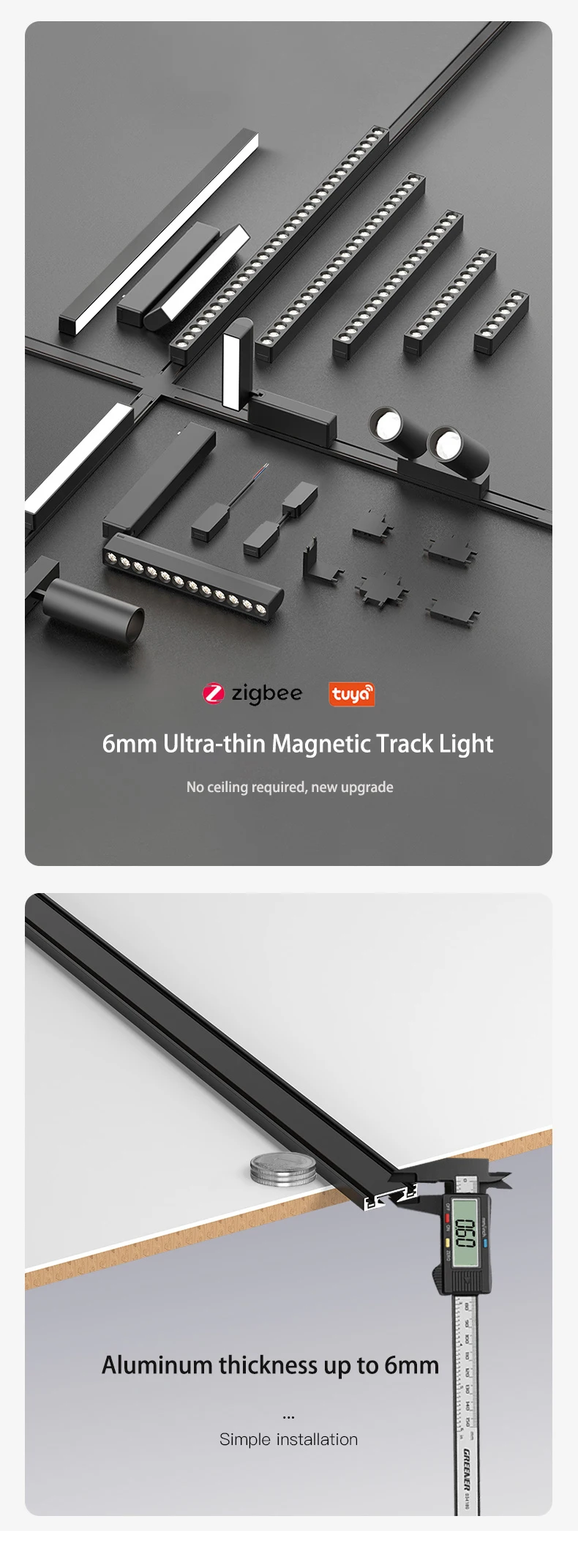 Description Picture 2 of itemBlack White 6MM Smart Magnetic Track Light Tuya Zigbee Dimmable Ultra Thin Rail Slim Lamp Surface Mount Safe DC48V for Home