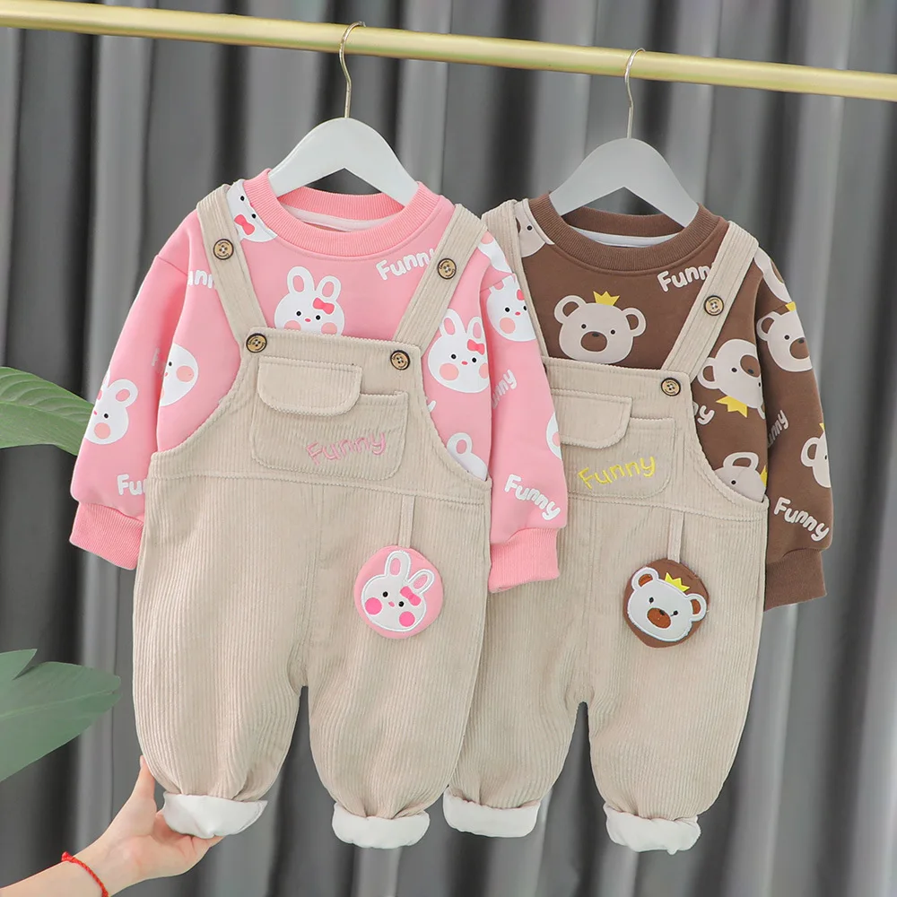 

LZH 2022 Winter New Girl Clothing Fashion Cartoon Plus Velvet Set For Kids Clothes Boys Sweaters+ Suspender Pants 2Pcs Outfits