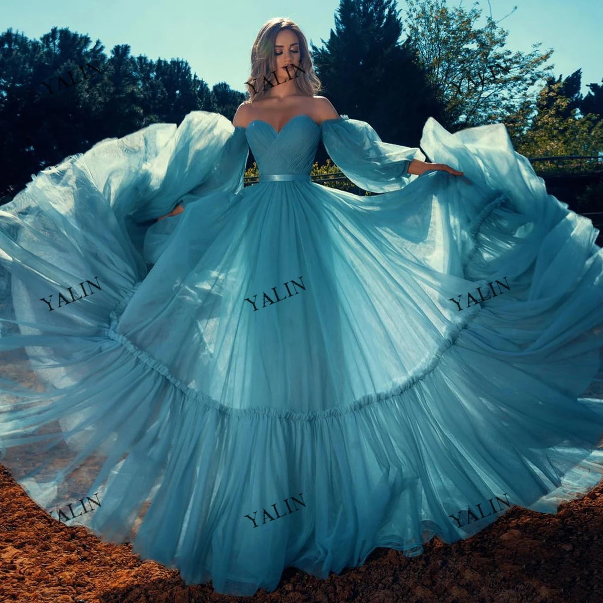 

YALIN Romantic Light Blue Prom Dresses With High Waist Tulle Wedding Guest Gowns Long Off The Shoulder A-Line Evening Dress