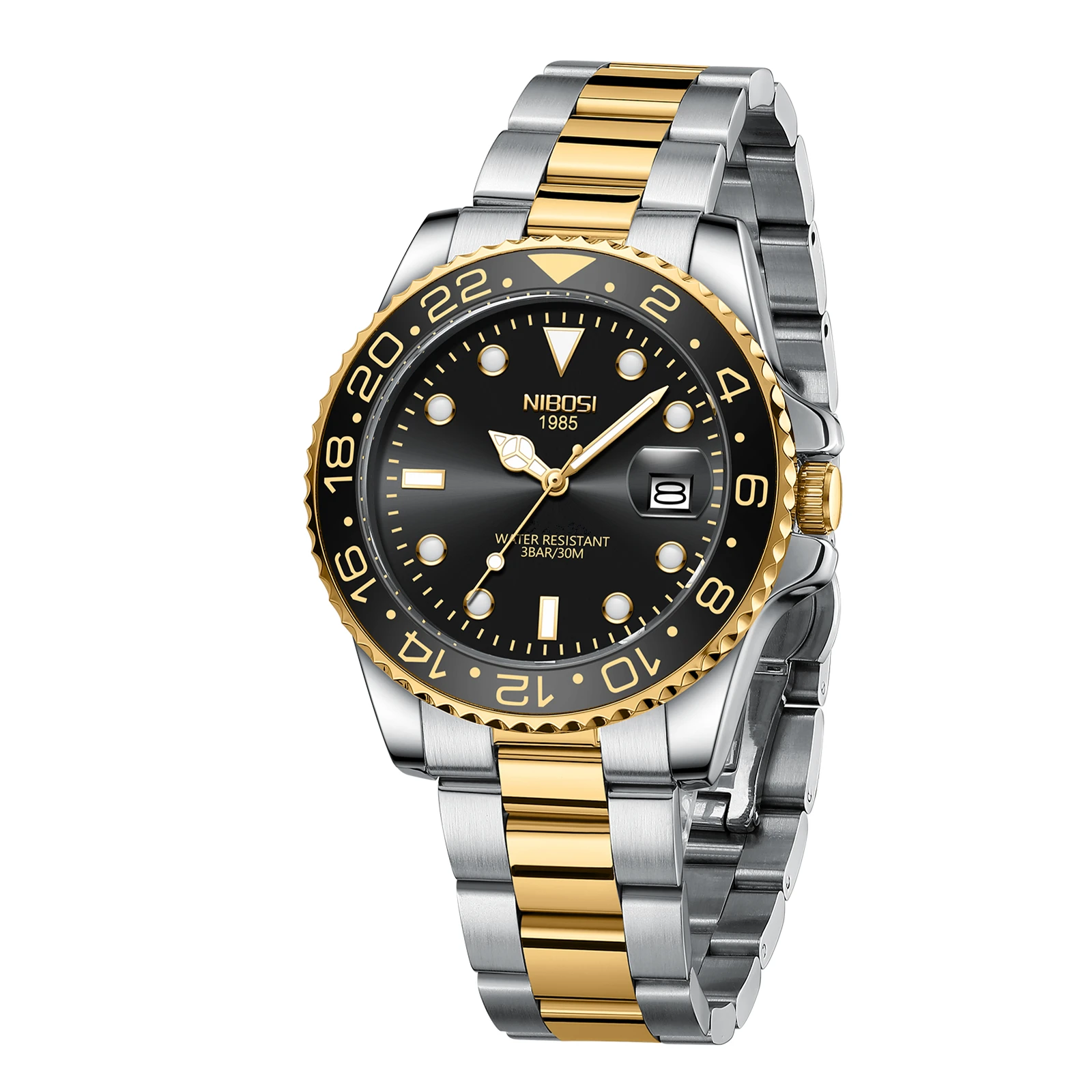 Montre homme NIBOSI or noir luxe quartz étanche - Marque haut de gamme acier inoxydable lumineuse Role