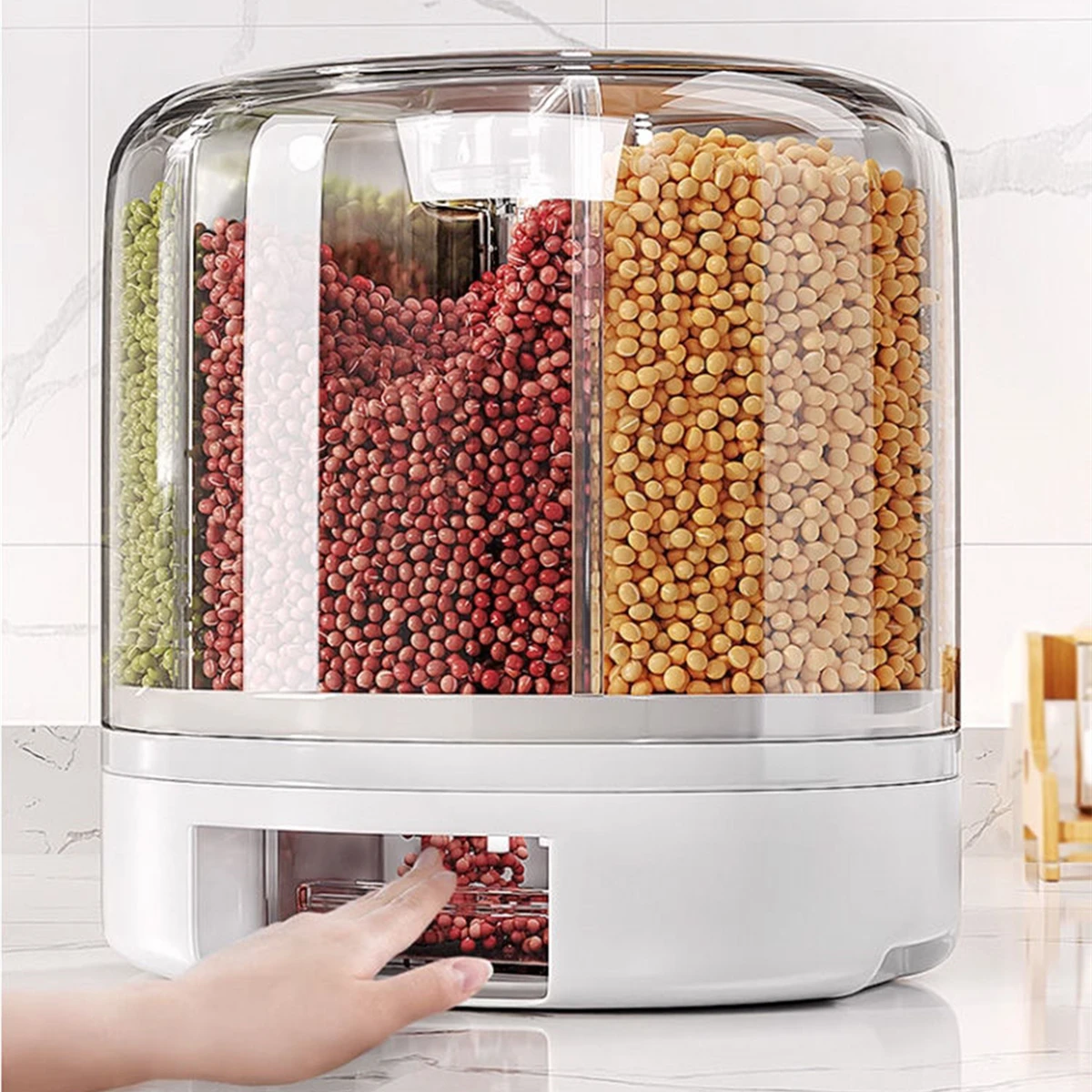 곡식 디펜서 곡물 보관함, 북유럽 360 ° 회전, 투명 밀폐 항아리 원형 주방 쌀통, 방충 라이스 탱크