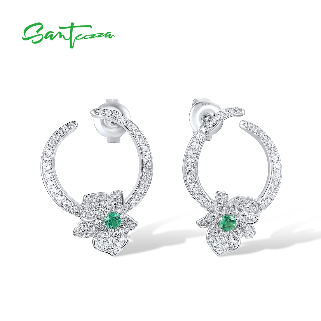 SANTUZZA Pure 925 Sterling Silver Earrings For Women Sparkling White CZ Green Spinel Orchid Flower Circled Fashion Fine Jewelry