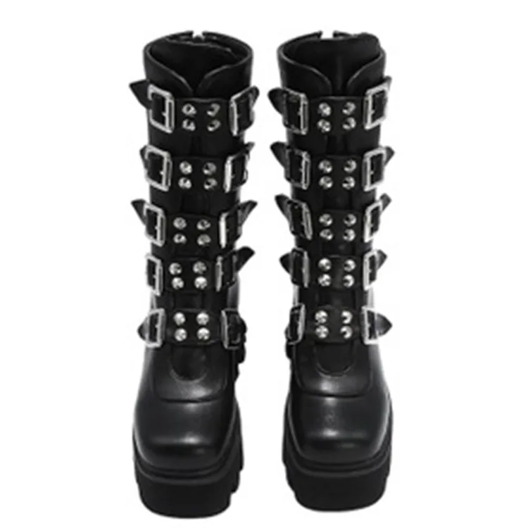 European and American New Black High-tube PU Artificial Thick-soled short Boots Back Zipper Large Size Stage Women's Boots