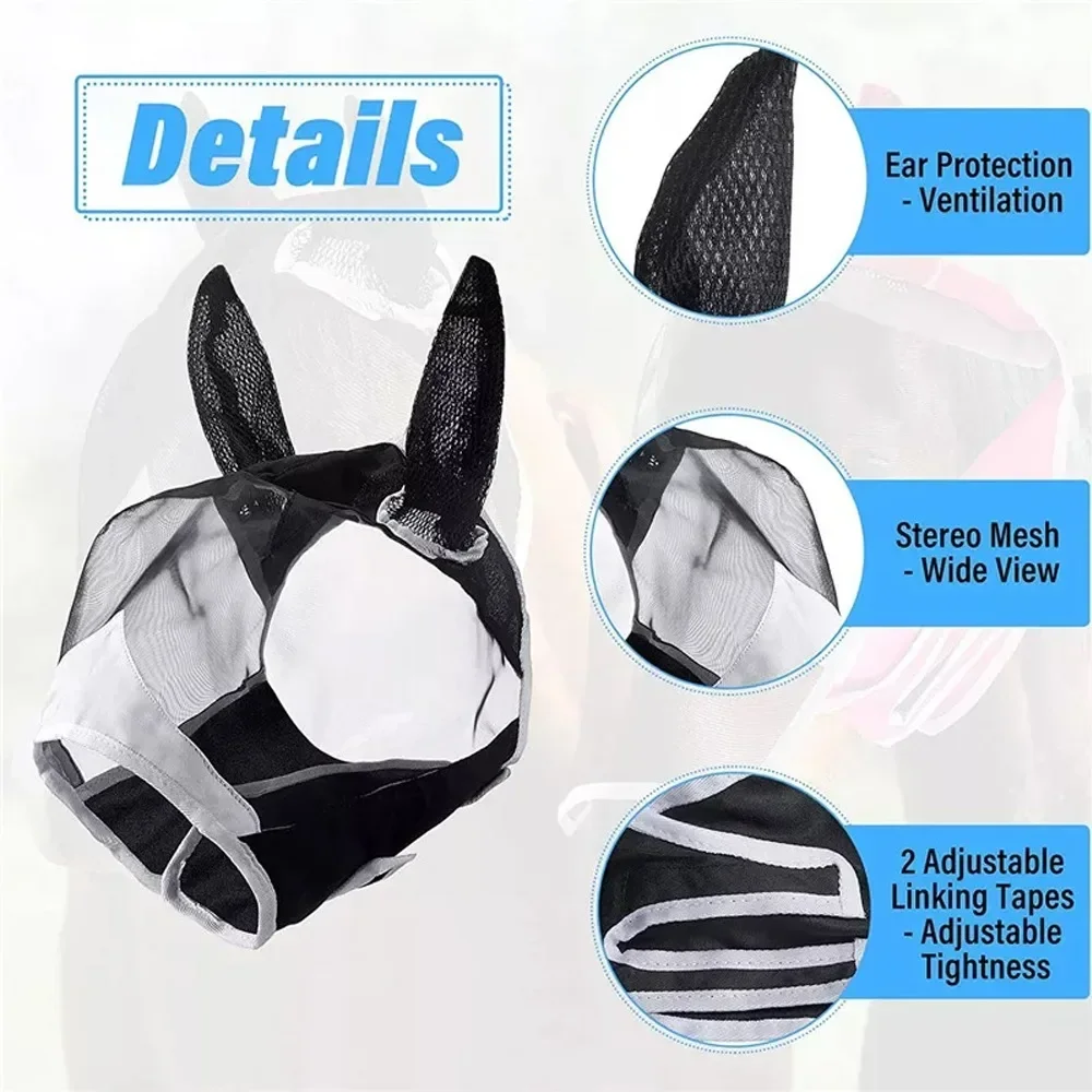 Horse Mask Multi-size Breathable Horse Mask Anti-mosquito Horse Hood Suitable for Small, Medium and Large Horses Pasted to Prevent Mosqu