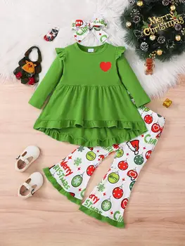 Toddler Girls Christmas Outfits, Long Sleeve Tops Full Print Bell Bottoms Girls Christmas Pants Set 1-6T 1