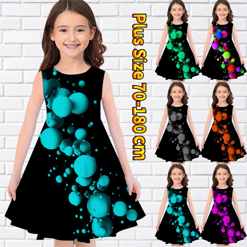 

2022 Summer New Design Print Knee-length Skirt Little Girl Sleeveless Skirt Round Neck Lovely Midi Skirt Everyday Street Dress