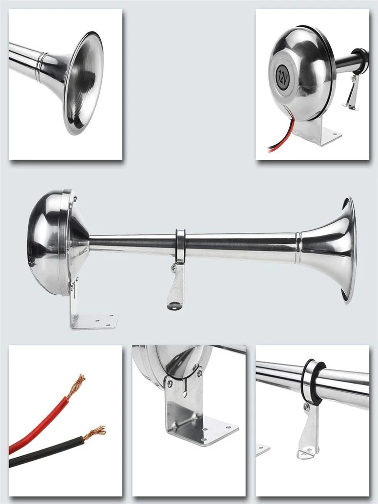 12V/24V Polished Stainless Steel Single Trumpet Horn Low Tone For Marine Boat Truck Lorry Caravan RV