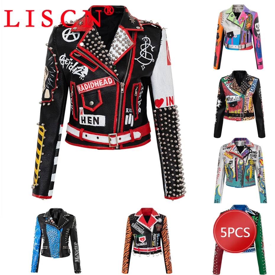 5pcs Woman Jacket Winter Fall Clothes Coats Zipper Jacket Printed Stud