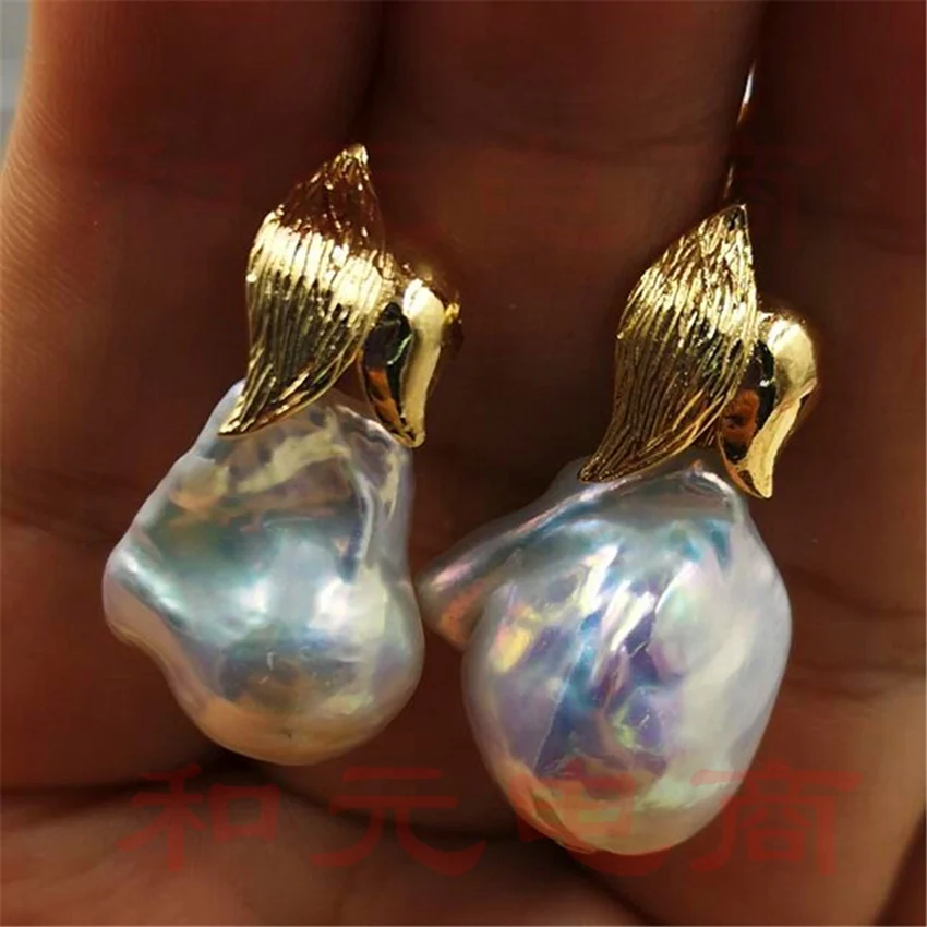

Freshwater Pearls Wings Shape Huge Baroque Pearl Earrings Beaded Dangle 18k Crystal Eardrop Stud Women Silver