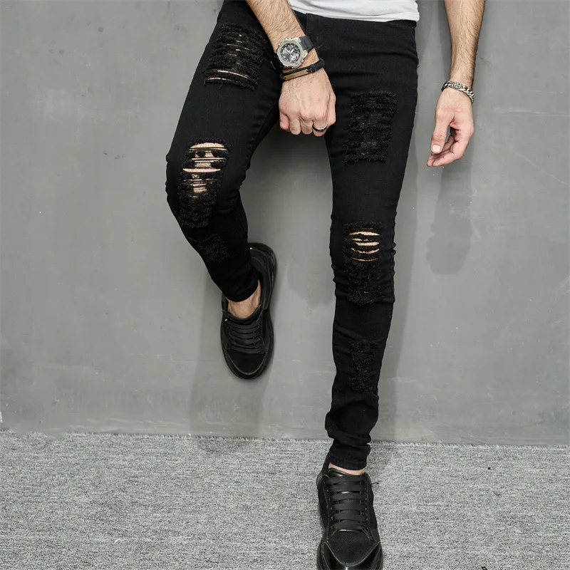 Men Jeans Ankle Length Hole Vintage Ripped Pencil Pants Denim Skinny Pockets Distressed Slim Moto Biker Solid Washed ripped jeans ripped patchwork jeans