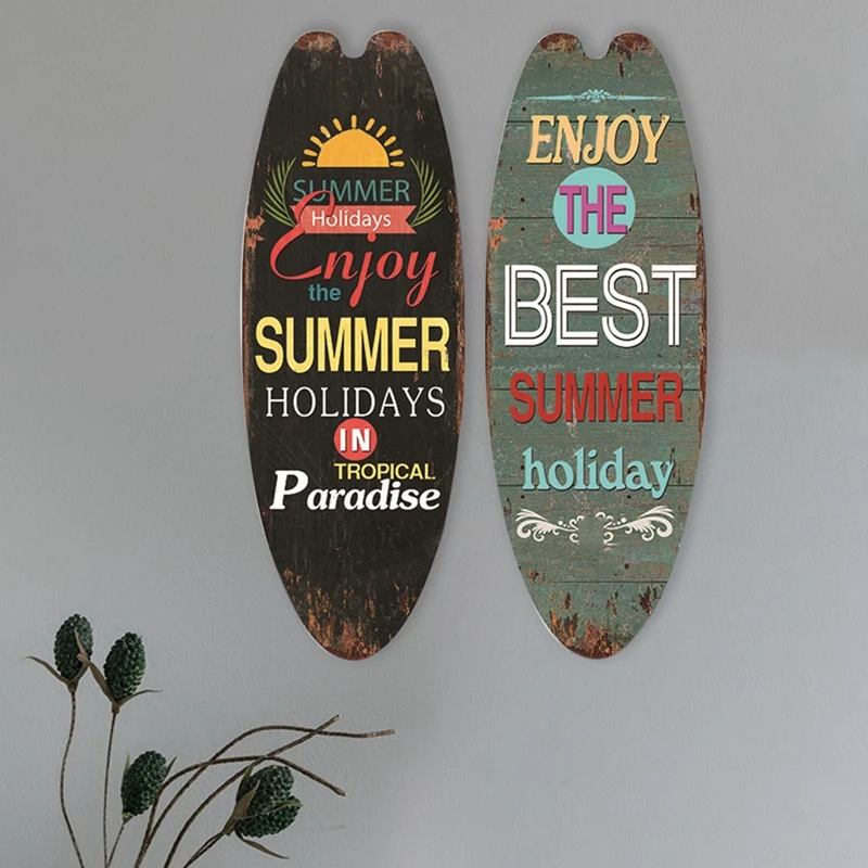 String Festival Bar Home Decor 2Pcs Vintage Wooden Sign Surfboard Wooden Sign Beach Style Hanging