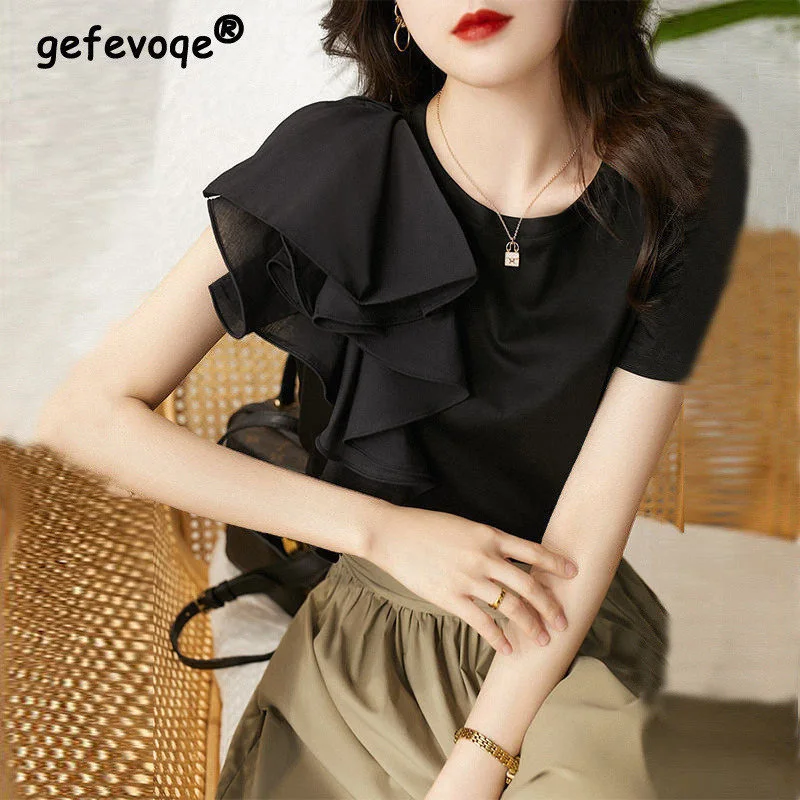 

Ruffle Short Sleeve Irregular Temperament Chic Sweet Top Women 2022 Summer Fashion Elegant Ladies Black White Slim Blouse Shirts