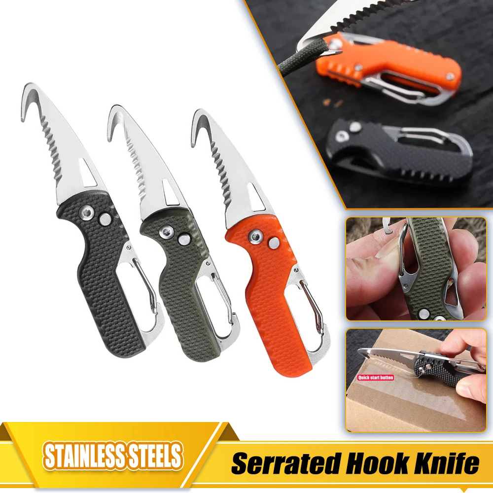 Portable Express Parcel Knife Stainless Fast Serrated Hook Knife For Outdoor Camping Carry-on Unpacking Keychain Mini Folding