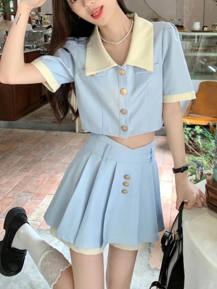 

Blue Elegant Party Two Piece Set Women France Vintage Mini Skirt Suit Female Korean Sweet High Waist Skirts Suit Summer 2023 New