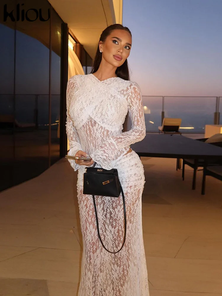 

Женский кружевной комплект из 2 предметов, с длинным рукавом и круглым вырезом