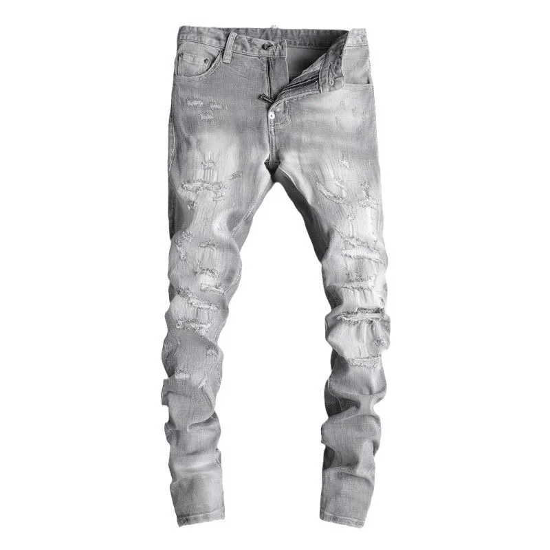 Street Fashion Men Jeans Retro Gray Stretch Slim Fit Vintage Ripped Jeans Men Embroidery Patched Designer Hip Hop Brand Pants