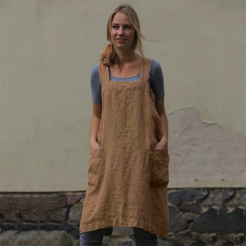 new Simple Japanese Style Cotton and Linen Apron Women's Home Comfortable Overalls Flower Shop Retro Exquisite Lace-free