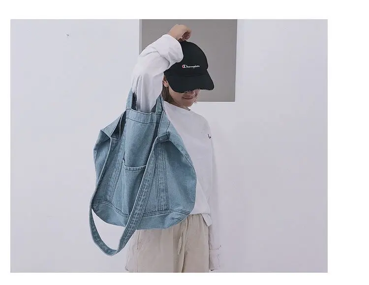 Big Soft Denim Slouch Shopping Bag Jean Fabric Female Handbag Leisure Korean Fashion Woman Shoulder Messenger Top-handle Bag New