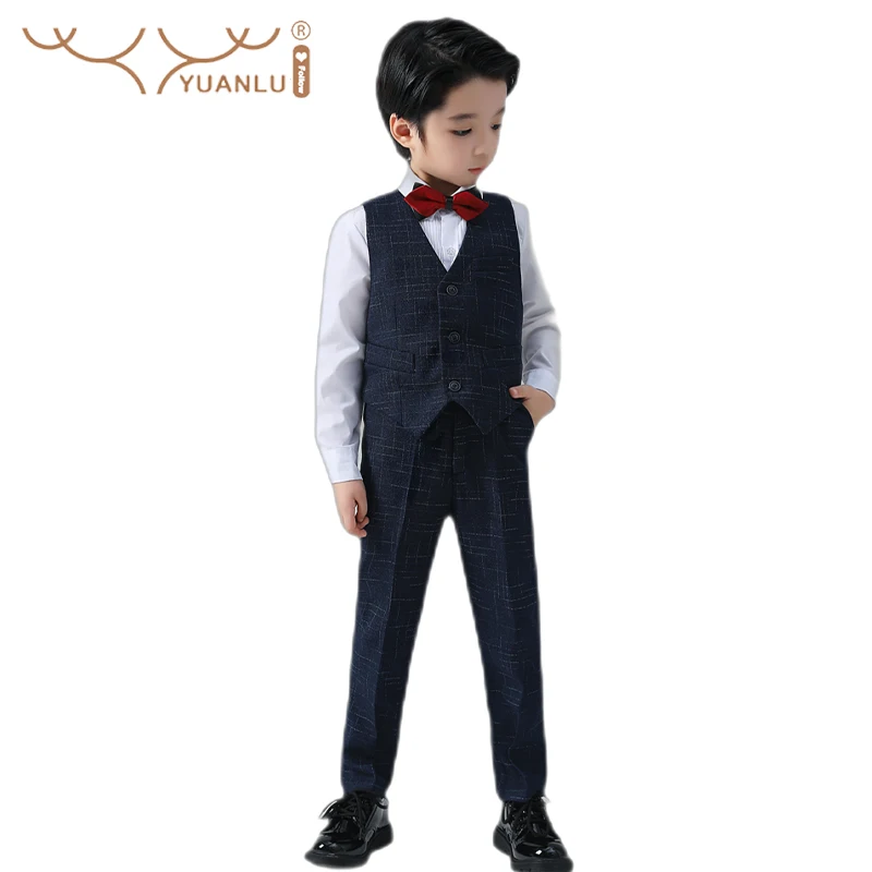 Spring Autumn 4Pcs Suits for Boys for Host Wedding Vest Shirts Pants Bow Tie Children's Clothing for Boy for Party New Fashion kimocat autumn spring newborn baby boy clothes bow tie gentleman boys clothing set toddler kid formal party bow bodysuit set