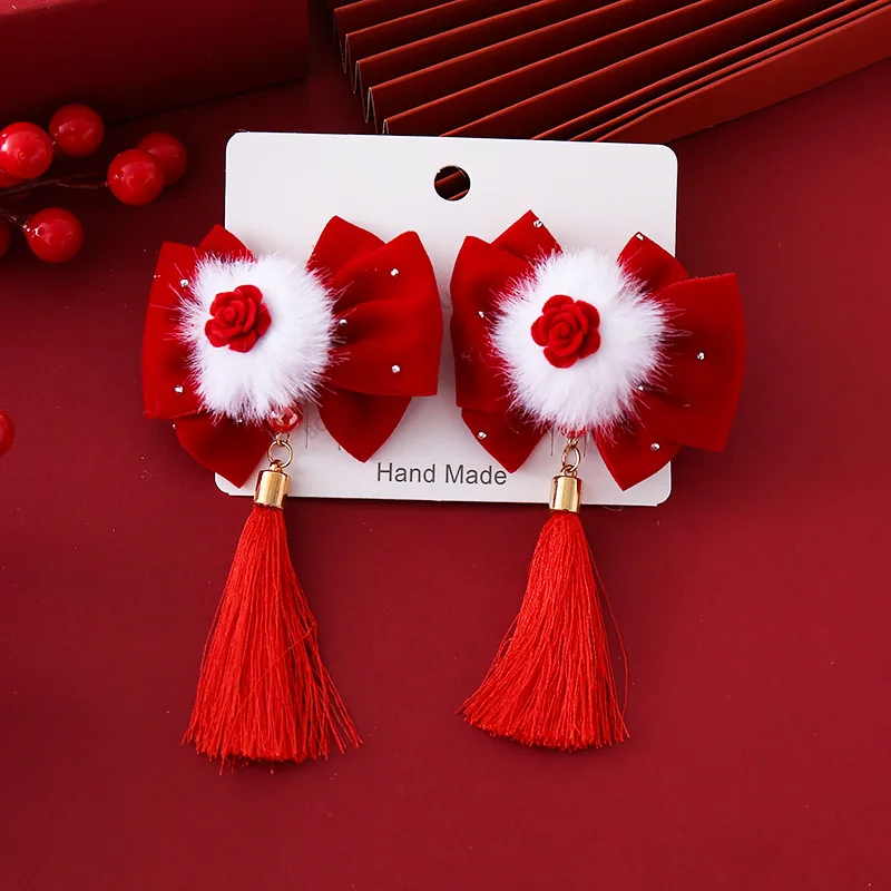 Kids New Year Headwear Chinese Style Hafu Plush Bow Kids Hair Clips Red Tassel Princess Girl Sided Clips Accessory New Year Gift 5