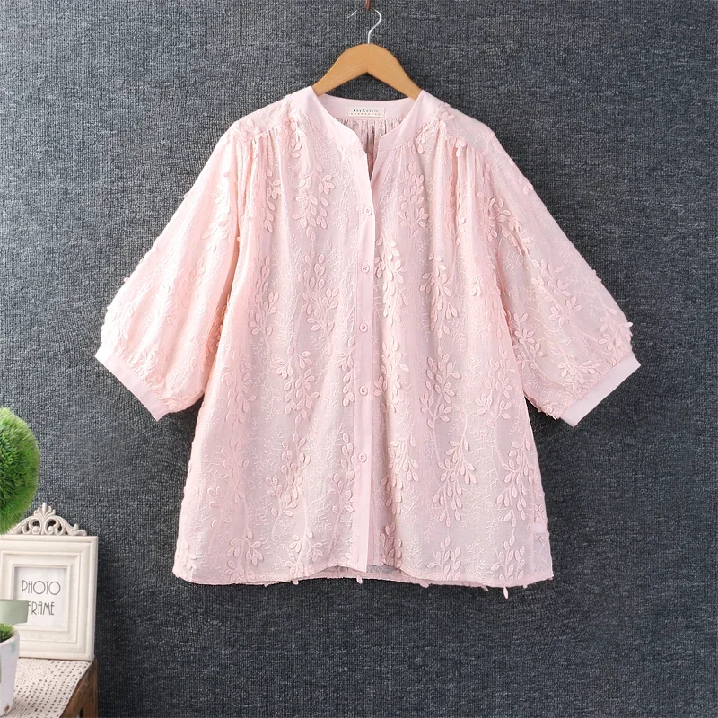 Spring Summer Sweet Mori Girl Solid Color Embroidered Shirt Women Three Quarter Sleeve Single Breasted Casual Loose Tops