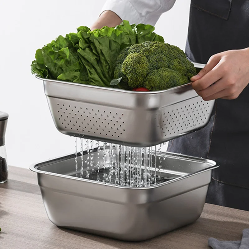 Stainless Steel Vegetable Fruit Drain Storage Tray Thicken Square Serving Salad Mixing Bowl Home Kitchen Filter Plates Container 4
