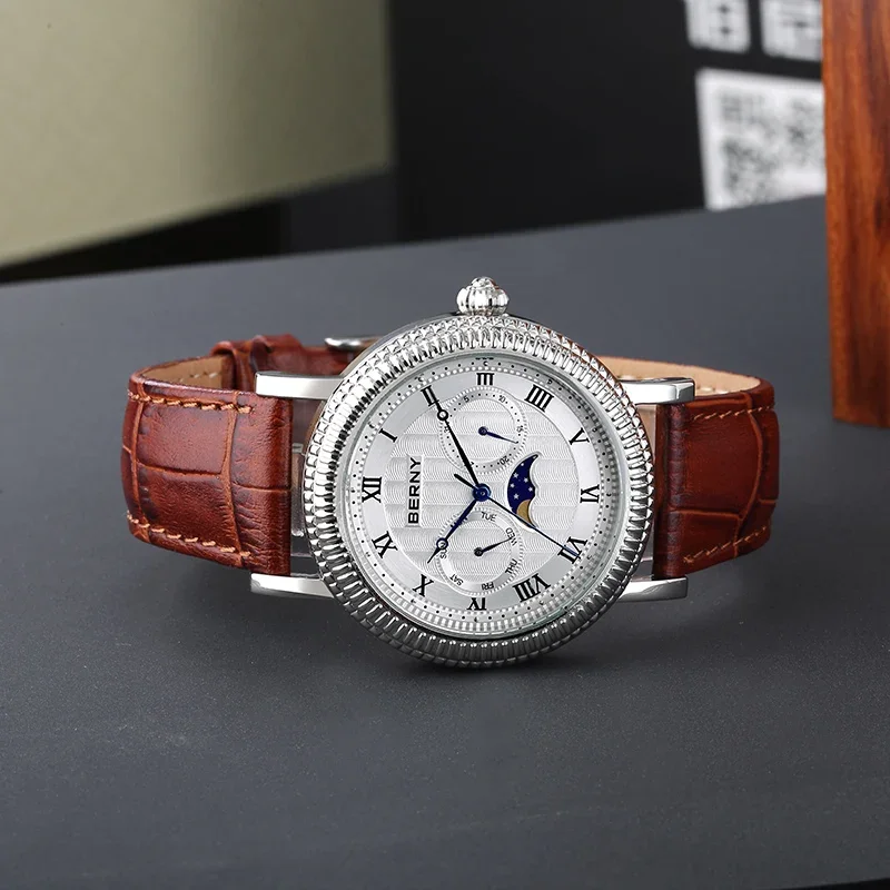 BERNY Moon Phase Quartz Watches for Men 40mm Dial Calendar Date Week Men's Watch Leather Strap Stainless Steel case Business