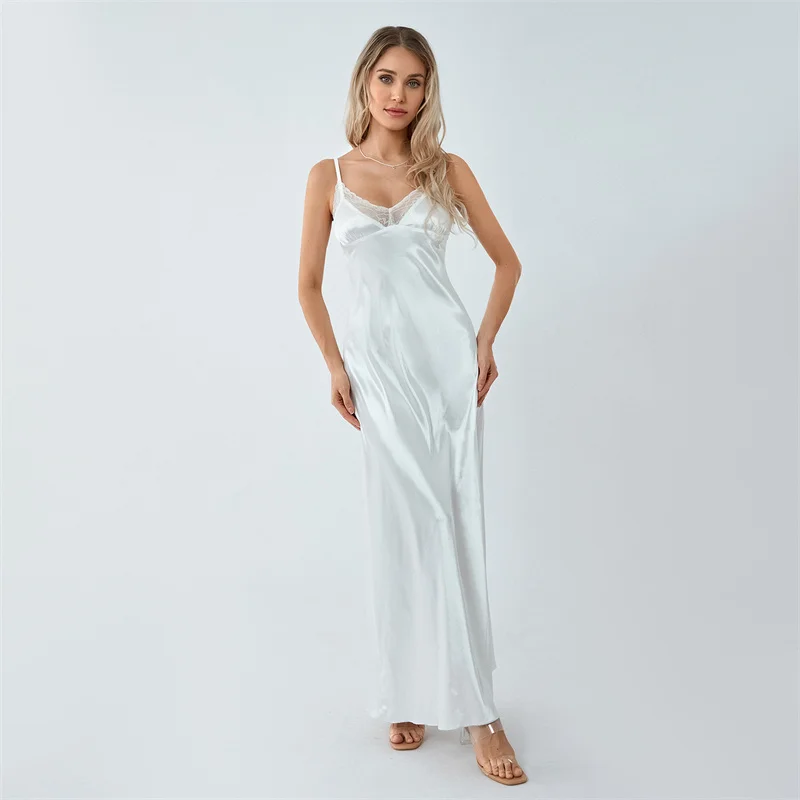 

Women Night Sleepwear Satin Dresses Lace Trim V Neck Spaghetti Strap Backless Slim Long Dress Summer Nightgowns