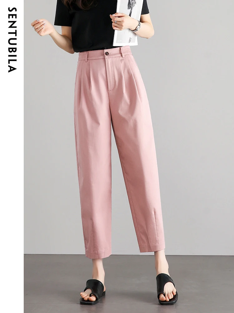 SENTUBILA Lyocell Cotton Blend Women Cropped Pants 2024 Summer Simple Elastic Waist Ankle-length Haren Pants Womens Trousers
