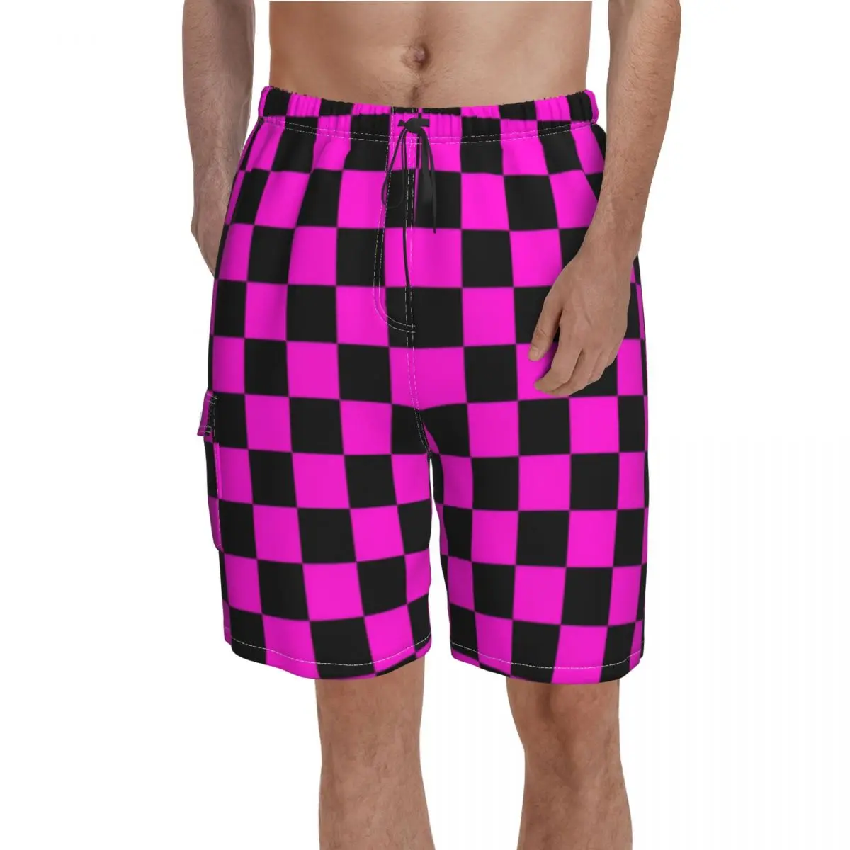 

Pink Black Checkerboard Board Shorts Missing Texture Board Short Pants Drawstring Classic Customs Swimming Trunks Big Size 2XL