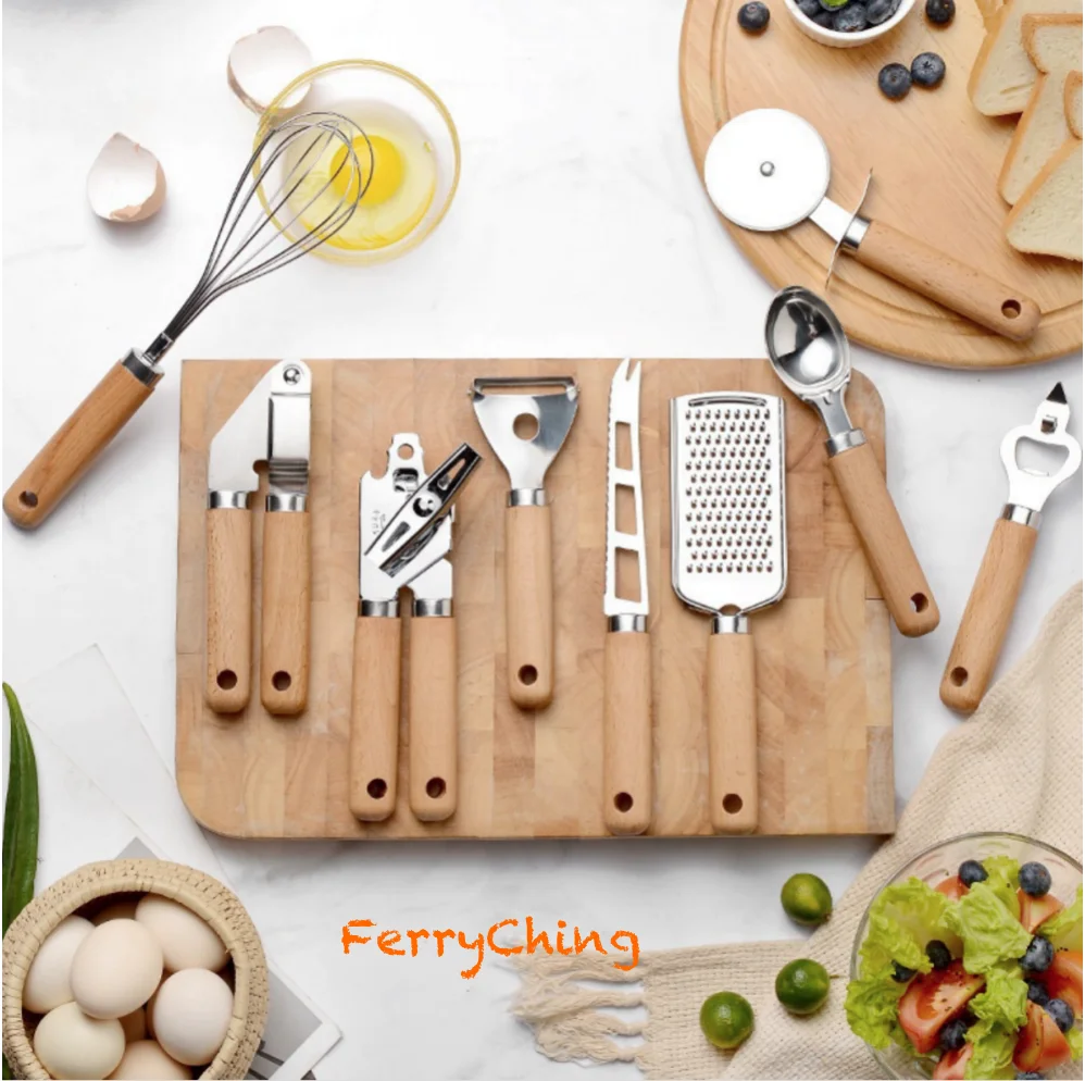 

9PC Kitchen Gadgets Set Egg Whisk Bottle & Can Opener Pizza Cutter Peeler Cheese Grater Knife Garlic Press Ice Cream Scoop