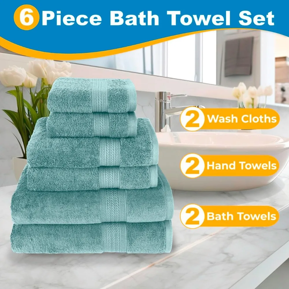 Luxury 100% Cotton Towels, 6 Piece Bath Towel Set, Include 2 Bath Towels, 2 Hand Towels, 2 Washcloths, Soft & Absorbent Towels 4