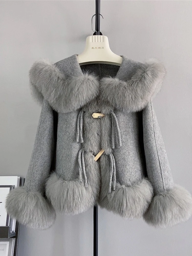 

2024 New Winter Cashmere Wool Woolen Coat Women Luxury Jacket Real Natural Fox Fur Collar Coat Ladies Outwear Female Coat