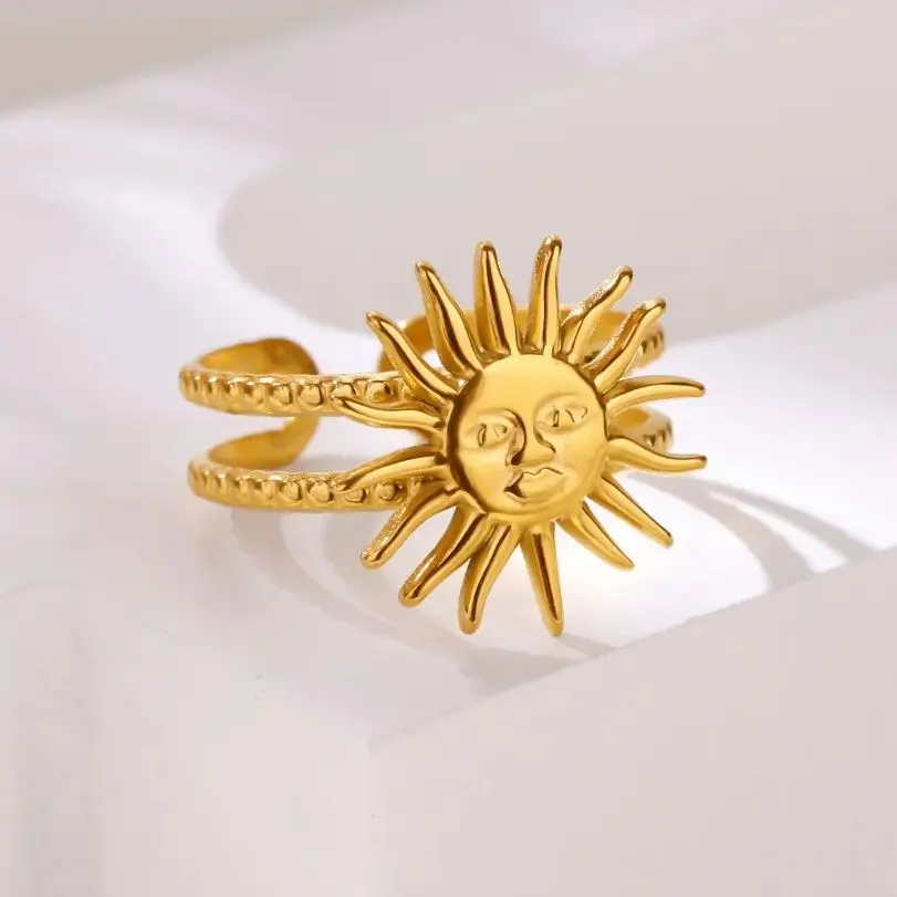 Geometric Sun Rings For Women Gold Color Stainless Steel Adjustable Ring