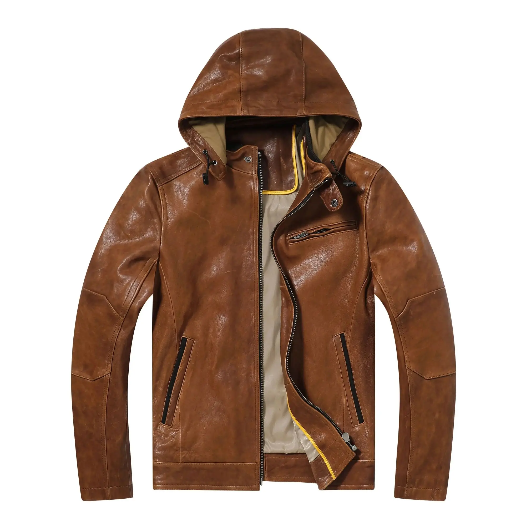 thumbnail image 1 of Chaqueta de piel de oveja curtida vegetal con capucha para hombre, nueva, de cuero para motocicleta, delgada y elegante, color azul, 1 of 5
