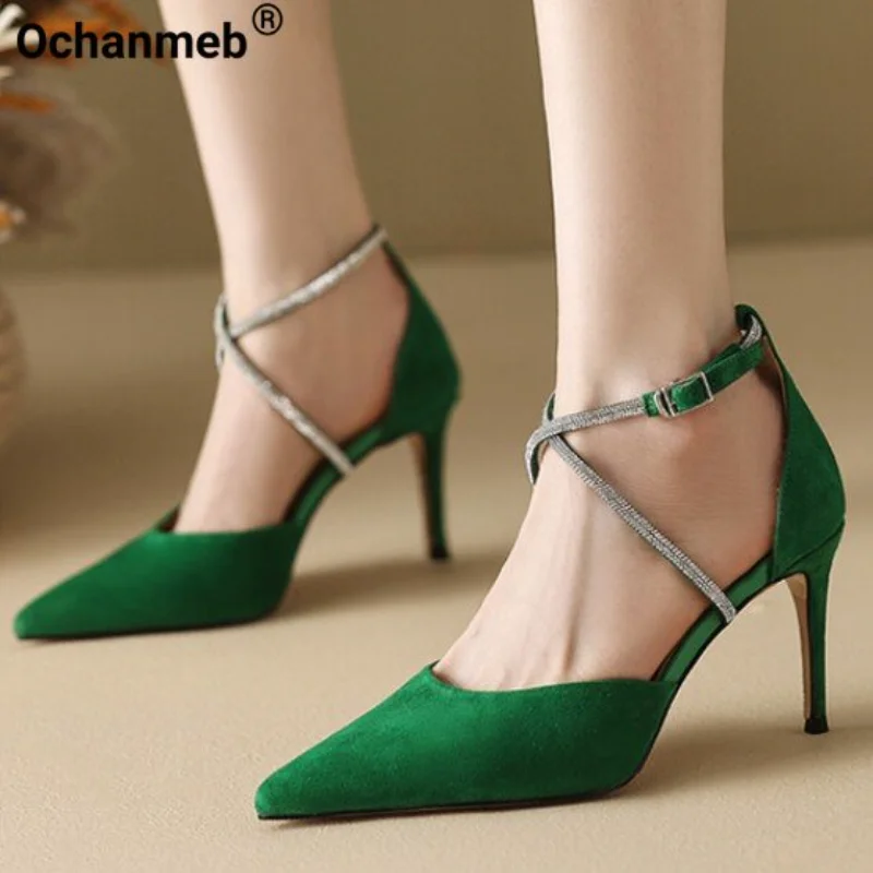 Ochanmeb Sheep Suede Heeled Sandals Women Rhinestone Cross strap Thin