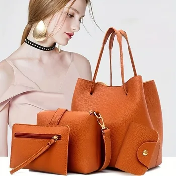 New 4pc Large Capacity Leather Handbag Solid Color Lychee Texture Shoulder Bag Bucket Bag Purse