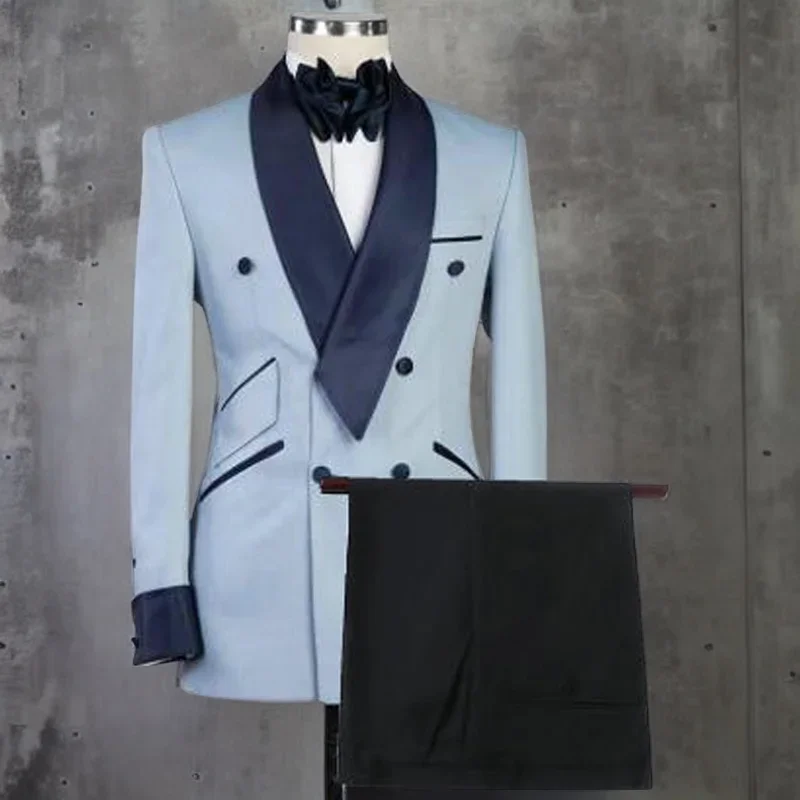 Men's Slim Fit Formal Suits Light Blue Double Breasted with Pants Navy Blue Shawl Lapel Custom Made Wedding Tuxedo Suit