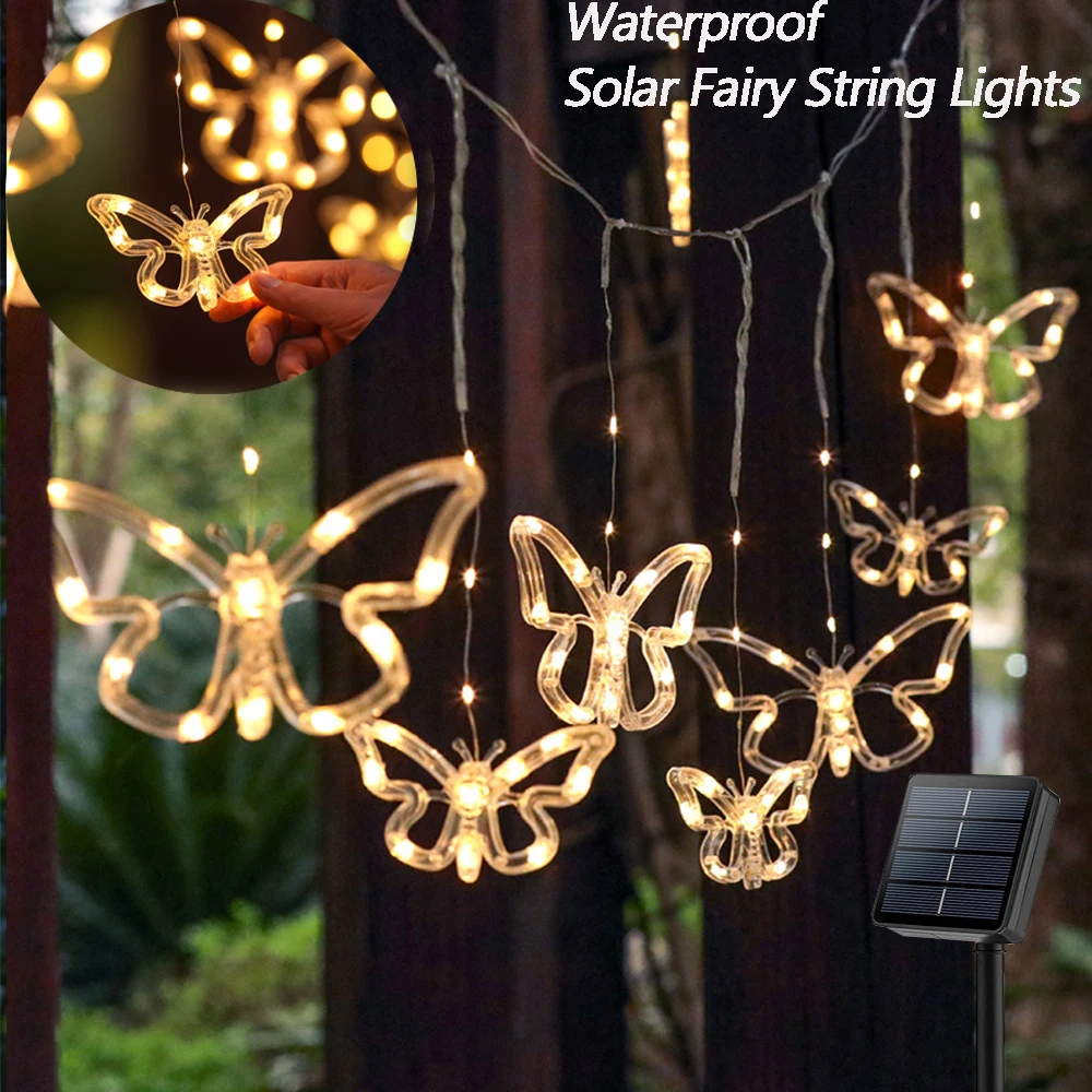 Outdoor Solar String Lights Twinkle Butterfly Curtain Lights Waterproof Solar Fairy String Lights for Xmas Patio Garden Decor