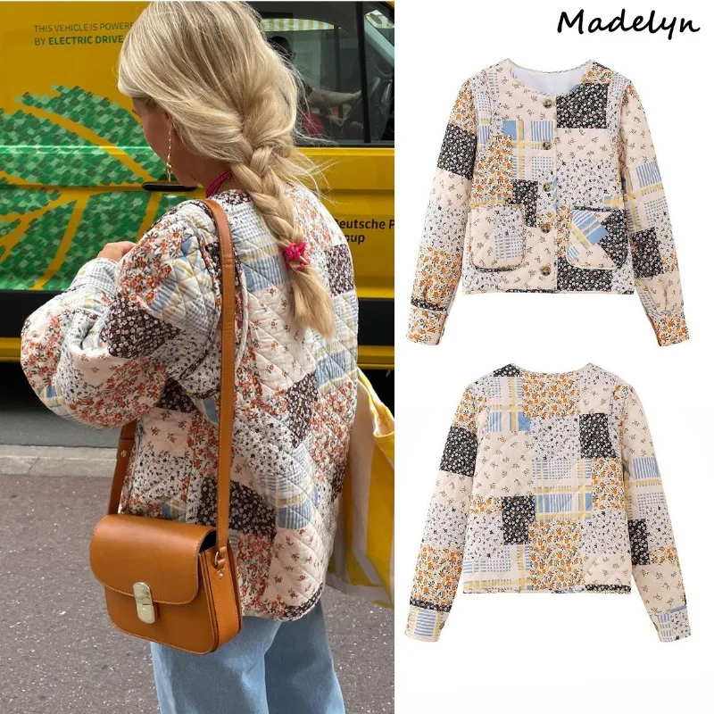

Women Autumn Jackets Fashion Floral Print Quilted Reversible Cotton Coat Cardigan Long Sleeve Jackets Elegant Female Streetwear