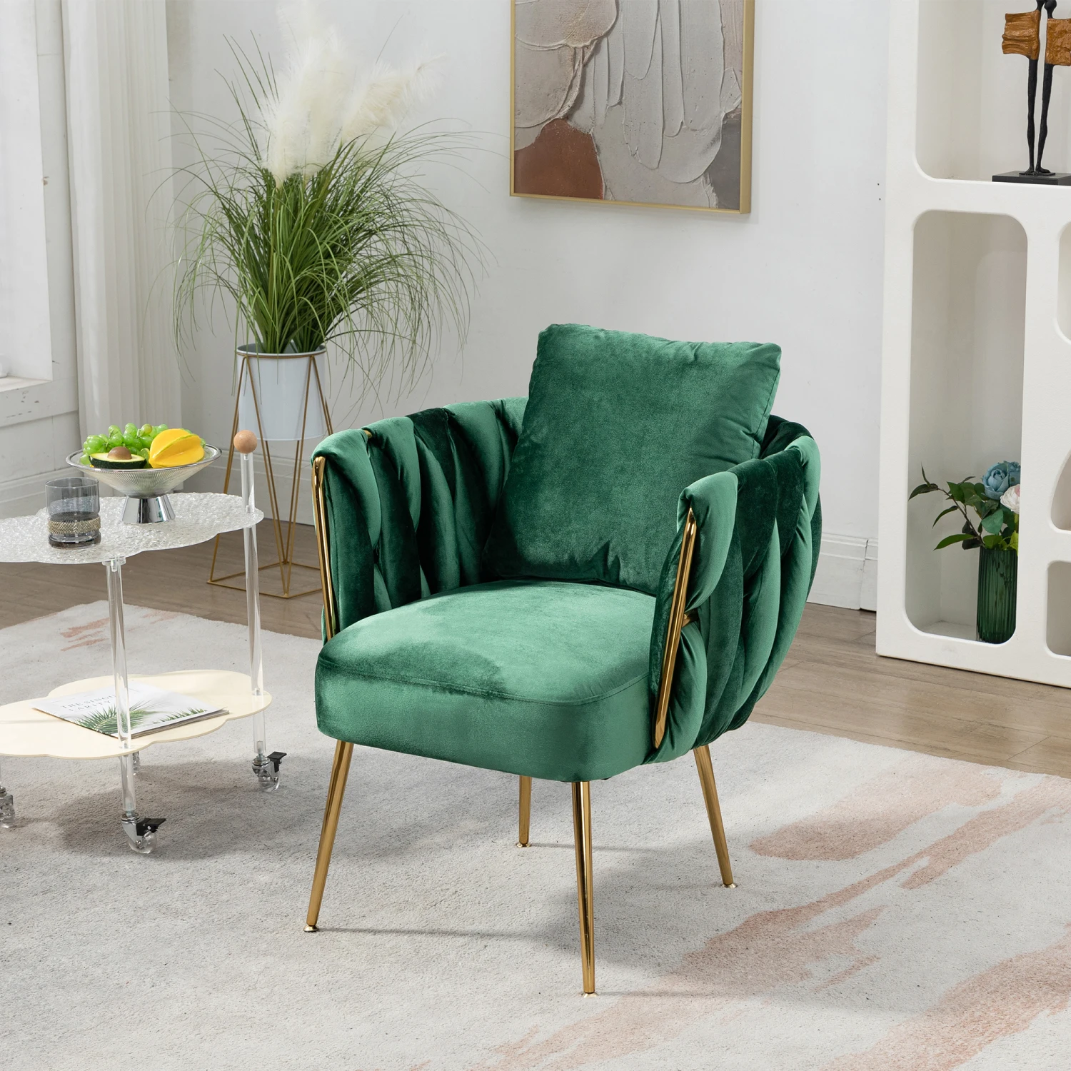 Handmade Wide Modern Green Velvet Accent Chair with Gold Metal Leg - Upholstered Armchair for Living Room, Bedroom, Office - Lux