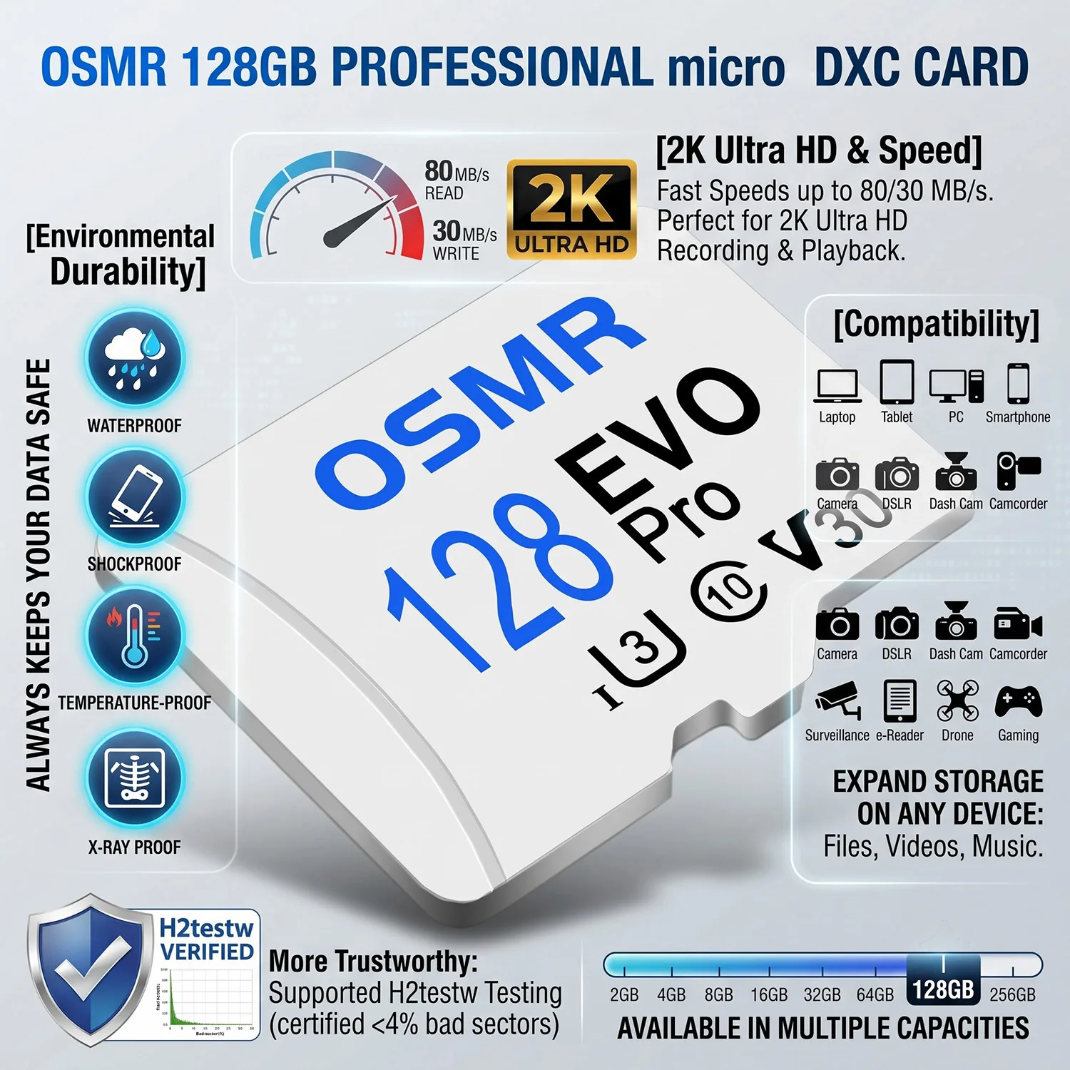 마이크로 TF 카드 고속 SD 메모리 카드 2GB 4GB 8GB 16GB 32GB 64GB 128GB 64GB 256GB 마이크로 U3 V30 TF 플래시 카드 (휴대폰 카메라용)