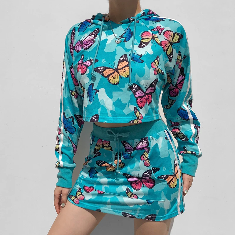 Butterfly Tie Dye Print Sweatshirts 2024 Autumn Casual Fashion Hoodies Two Piece Set Women Crop Tops Y2K Tracksuits Outfits Suit