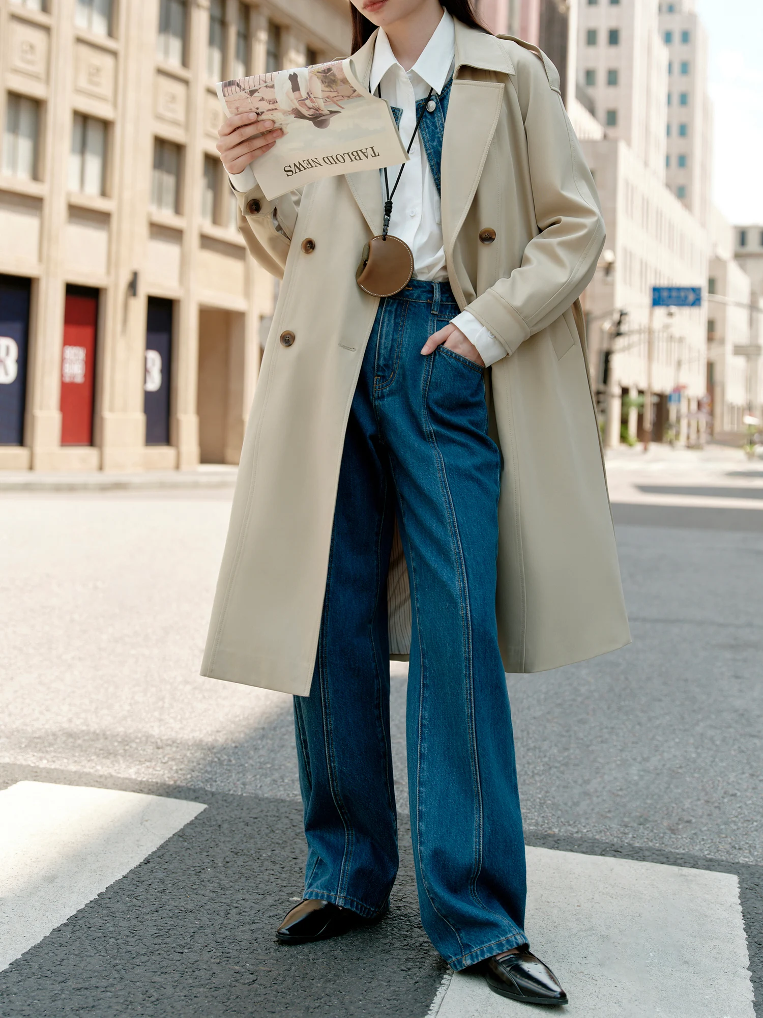 ZIQIAO Petite Size Early Autumn Black Trench Coat for Women Medium