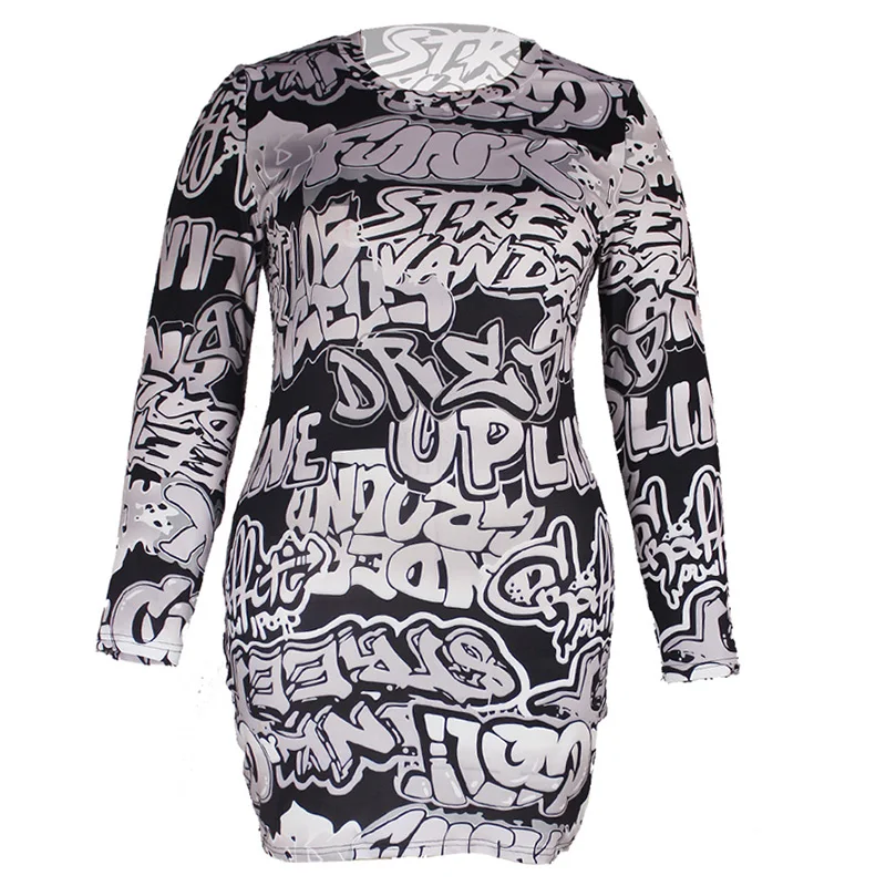 Elegant Letter Printing Long Sleeve Knee-Length Skirt Fashion Spring Summer Round Neck Black and White Plus Size Dress for Women