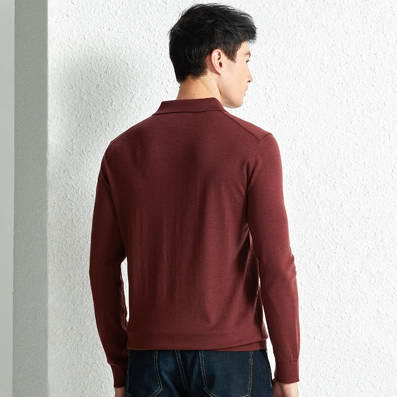 Top Grade 100% Worsted Wool Polo Shirt Men\'s Thin Merino Wool Knit Clothes Casual Turn Down Collar Knitwear Jumper Long Sleeved