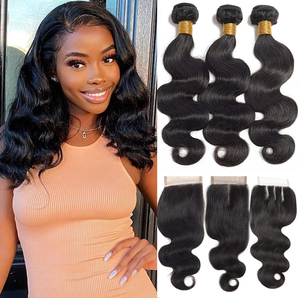 

Short Body Wave Bundles With Closure Tissage Perruvien Humain Hair 3Bundles With Closure HD Transparent Lace 12A Loose Body Hair