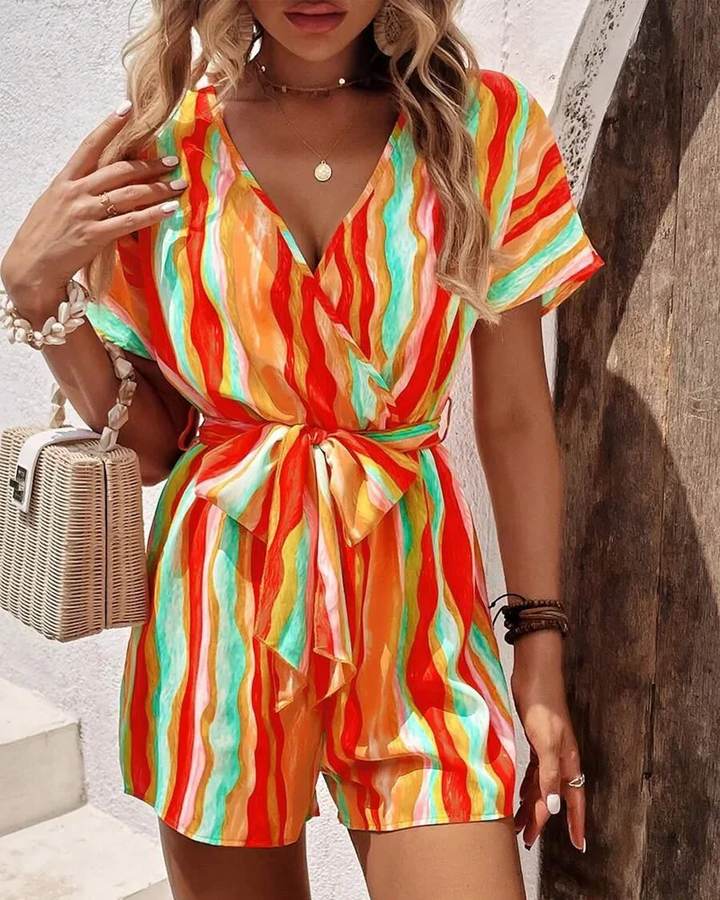 

Abstract Print V-Neck Tied Detail Romper Women Short Sleeve High Waist Summer Spring Playsuits Shorts Pants Rompers