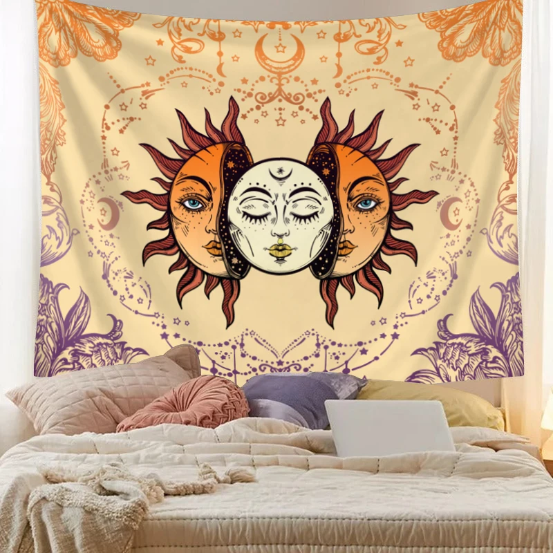 1 Stück Wandteppich im Sonne, Mond, Hippie-Stil, bunter Mondphasen-Wandteppich, böhmische dekorative Wandbehang für Schlafzimmerdekoration – Detail 16